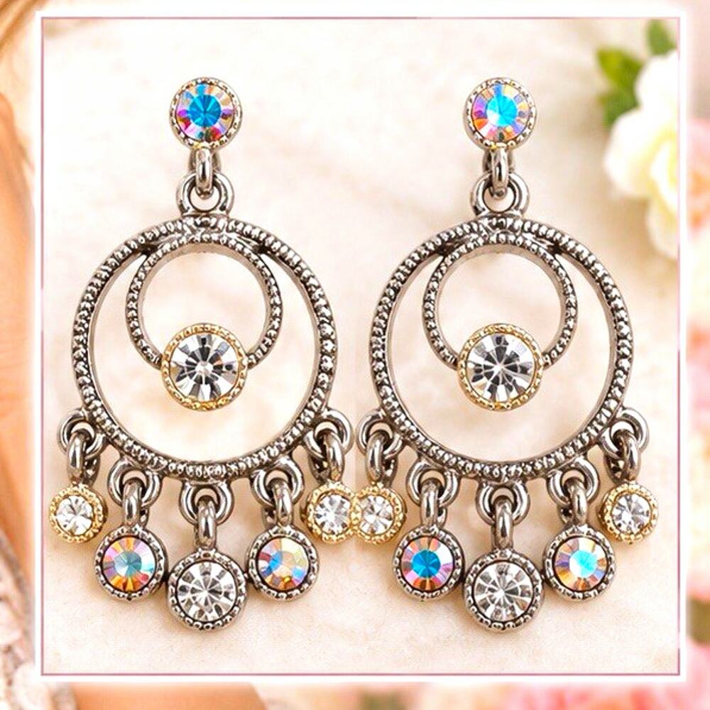 Silver-Tone Chandelier Earrings - Multicolor Round Rhinestones, Lightweight